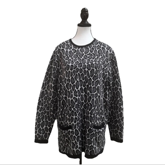 New Orleans Knitwear Sweater Cardigan Grey Black Leopard Print Size 3 Large NWT - Picture 2 of 10